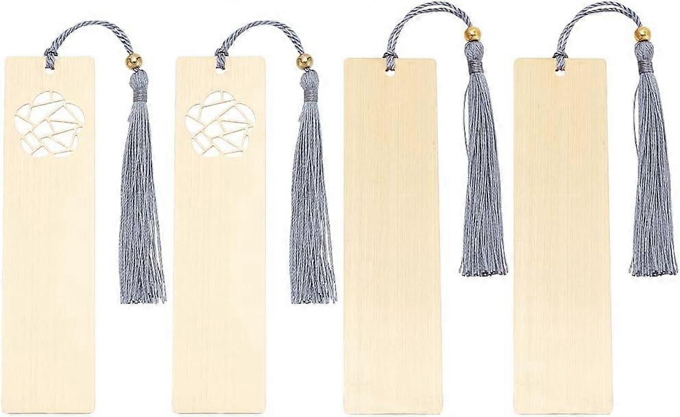 4 pcs Brass Blank Bookmark with Grey Tassel 2 Style Metal Rectangle Bookmark DIY Blank Bookmarks Book Marks Page Markers Present Tags for Student Teac