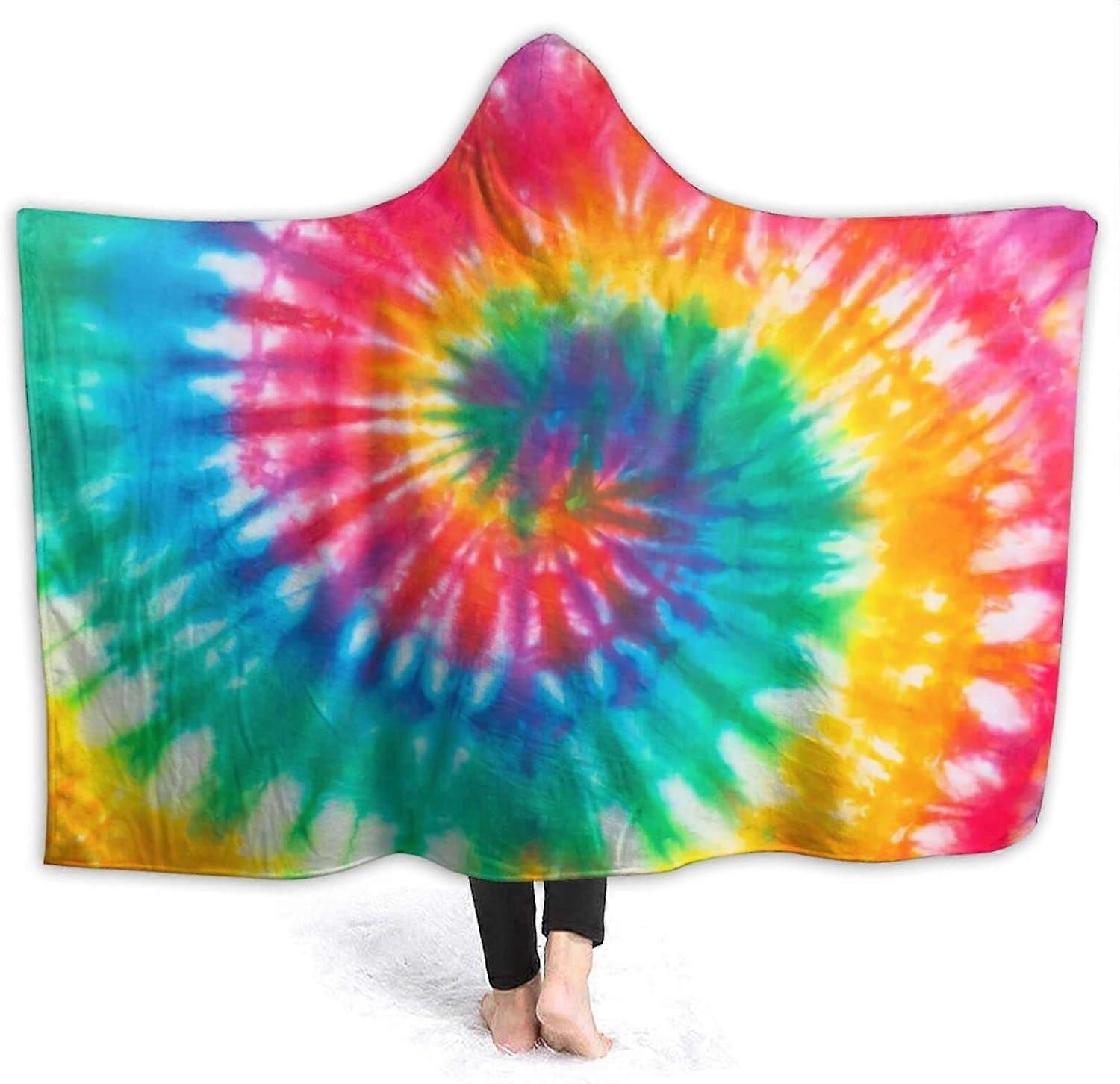 Tie Dye Rainbow Hooded Blanket Soft Plush Wearable Blanket Warm