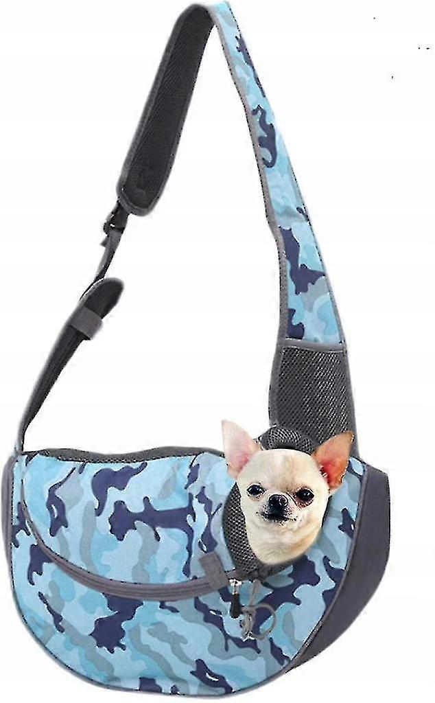 フロントドッグハンガーバッグ、猫&子犬ハンドバッグ、通気性メッシュトラベル、フィット小&中小型ペットドッグ&キャットバッグ - (ブルーカモ、L)