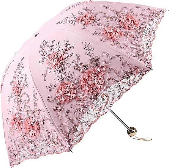 Retro lace sunscreen umbrella folding 3D pattern embroidery umbrella pink