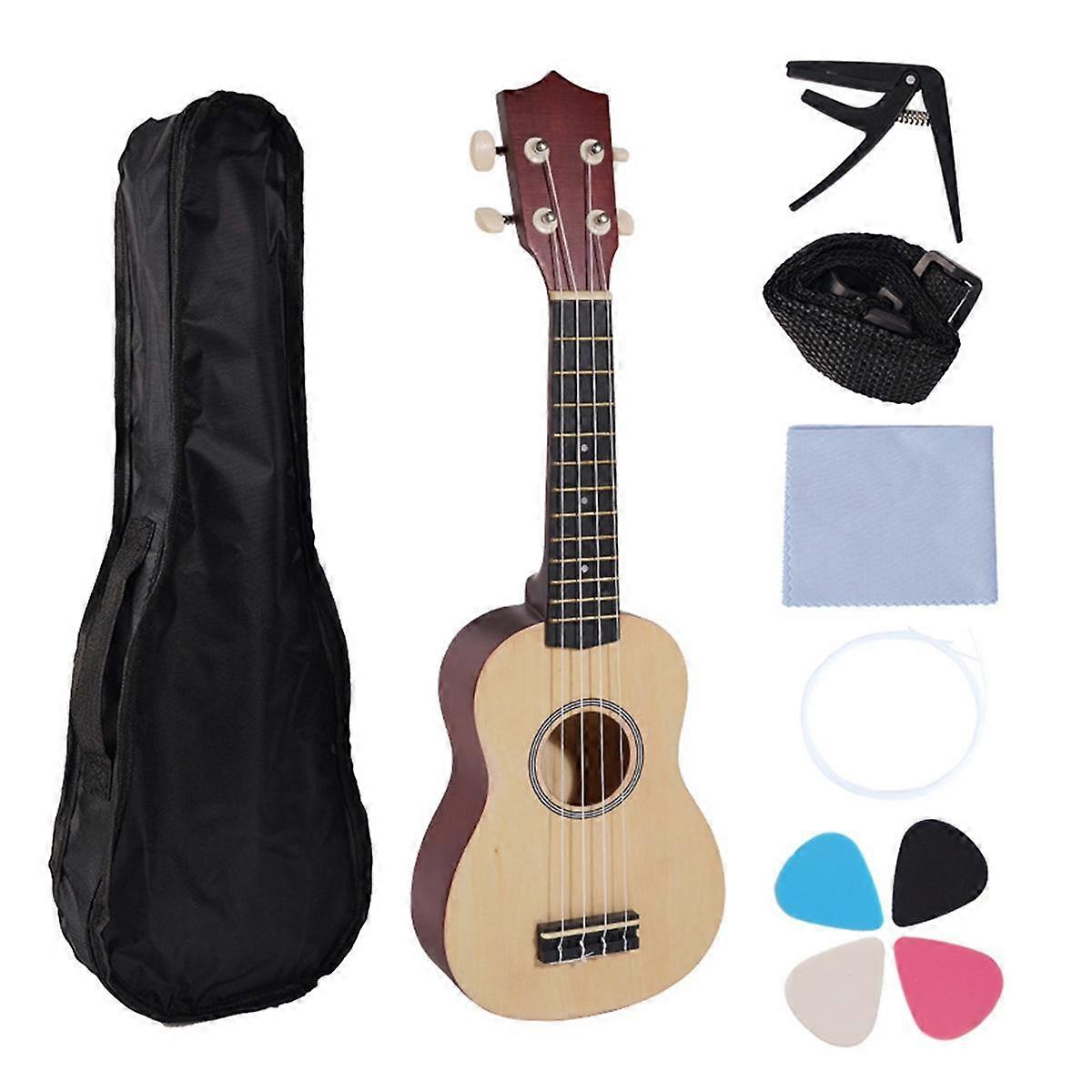初心者のための21インチウクレレセット4弦スモールギターバスウッドウクレレ、キャリーバッグクリップと4ピックウッド付き