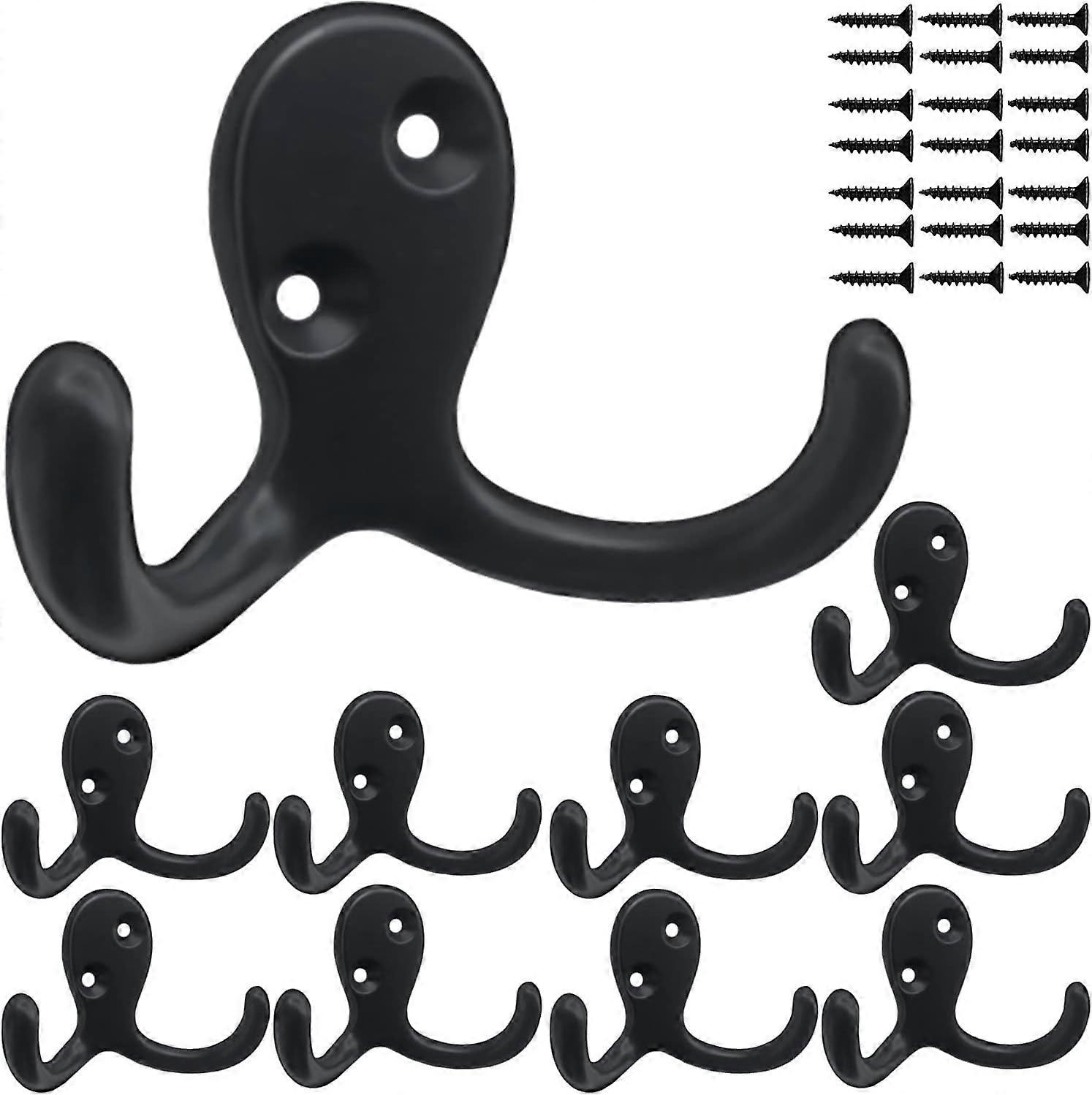 Coat Hooks Hardware, 10Pcs Wall Hooks Heavy Duty Hooks for Hanging Coats No Rust Double Robe Hooks Wall Mounted for Key, Towel, Bags, Cup, Hat (Black)