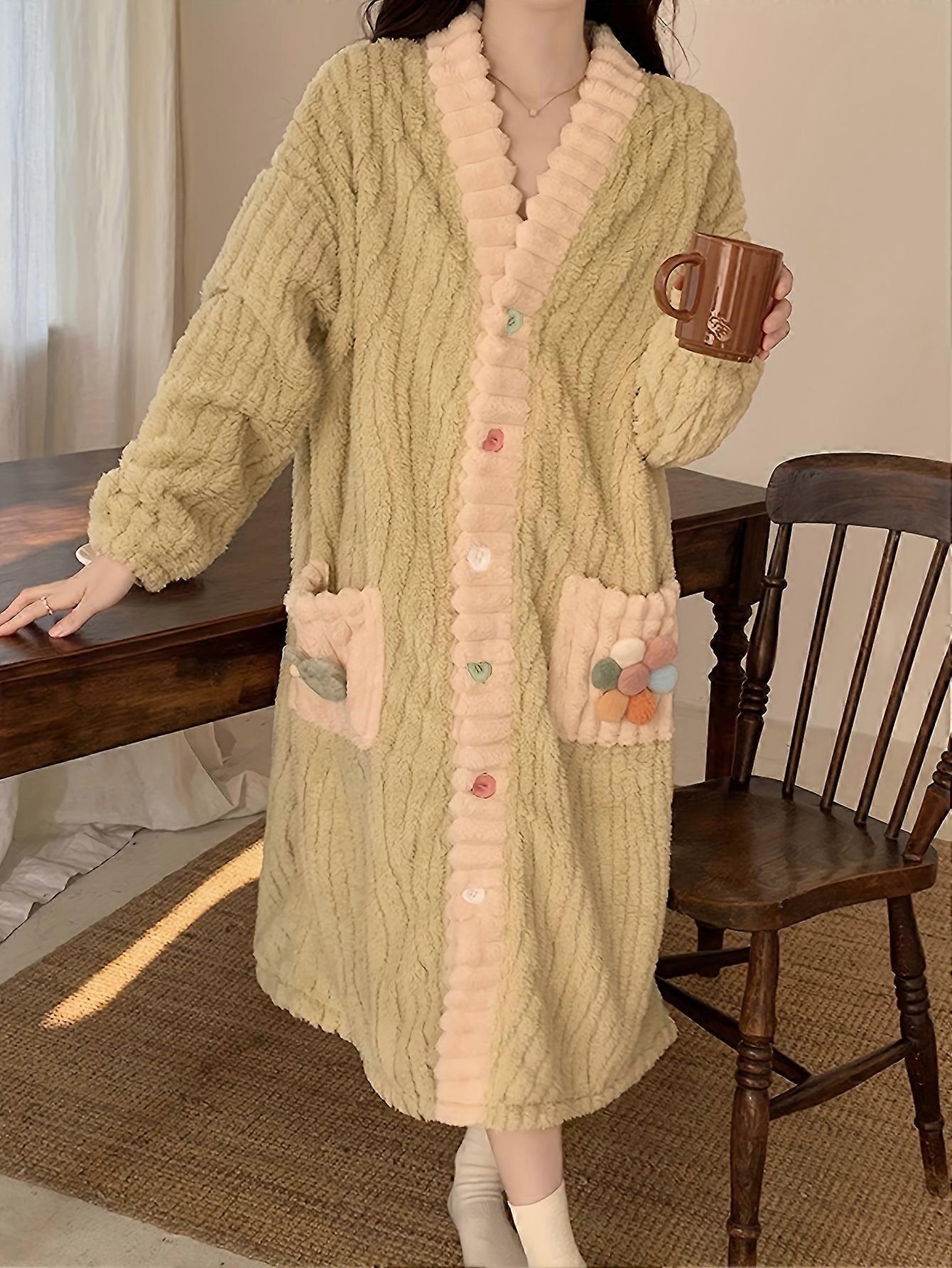 New style Casual Floral Decor Night Robe, Button Up V Neck Long Sleeve Sleep Robe, Women's Sleepwear & Dresses