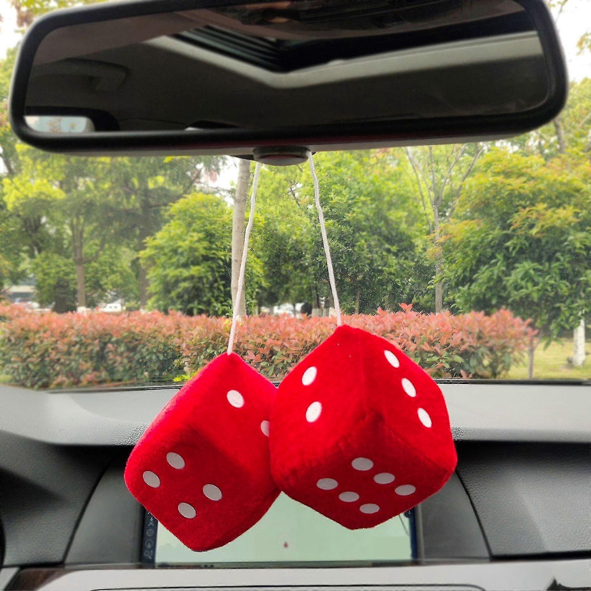Pair Of Hanging Red Fuzzy Dice With White Dots-sswyv