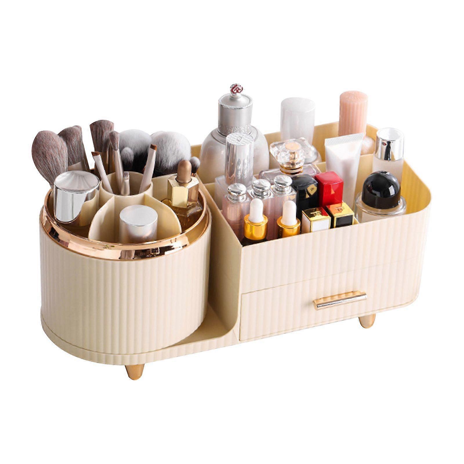 Makeup Organizer Box 360 Rotating Divided Compartments with 1 Drawer Desktop Luxury Storage Rack for Lipstick Makeup Brushes Eyebrow Pencil Skincare P