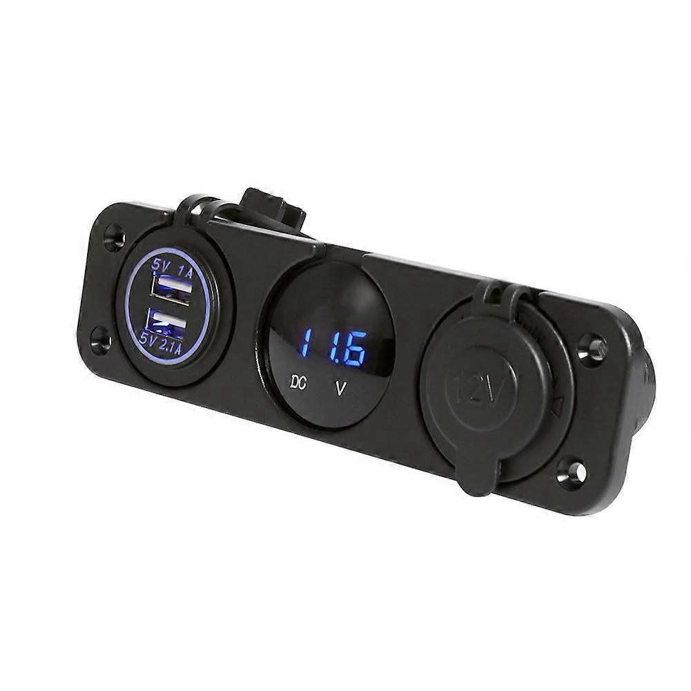 Waterproof Car Boat 3 Hole Panel Dual USB Charger Blue LED Voltmeter 12V Socket