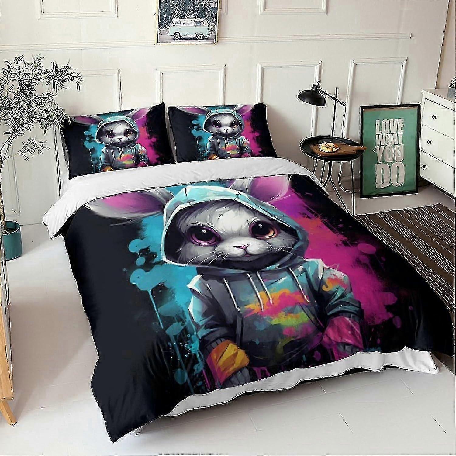 J373 Lençóis Bunny Bedding Comforter Cover Set 3D Cute Fashion Duvet Cover 3 Piece Quilt Cover com Fronhas com Fecho de Zíper Microfibra Macia