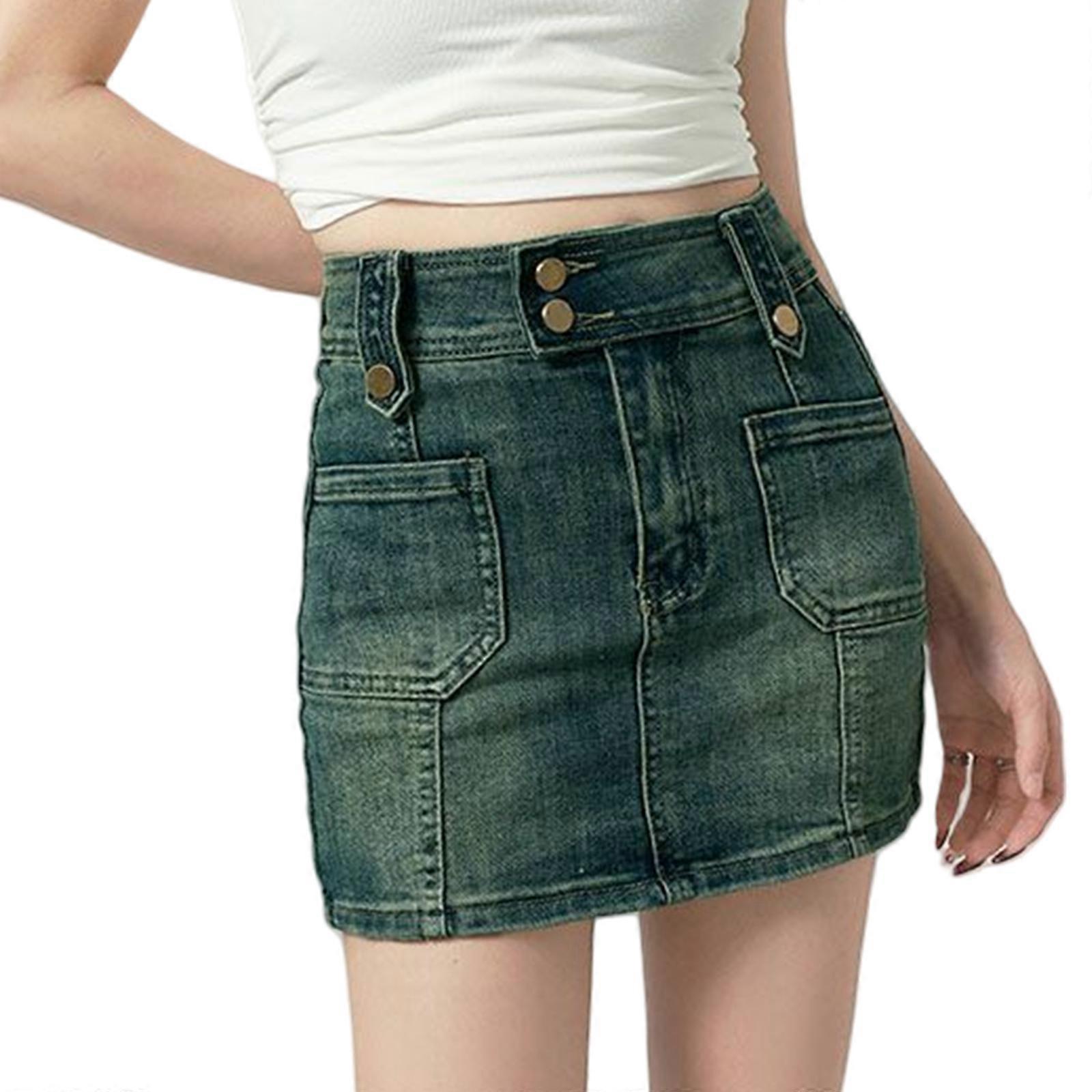 Women's Retro Denims Skirt Slim Fit High Waist with Double Buttons Front and Multiple Pockets for Casual Everyday Wear  Blue XL