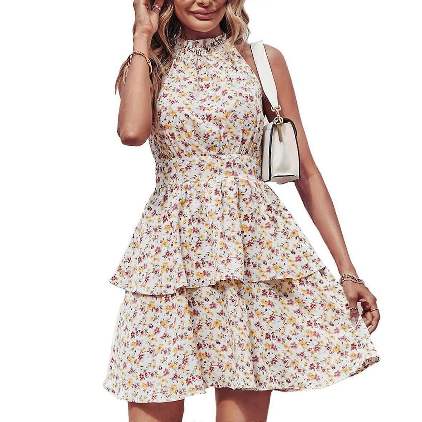Womens Summer Sleeveless Halter Neck Elastic Waist Tiered Ruffle Mini Swing Dress Boho Floral Print A-Line Flowy Dresses apricot red XL