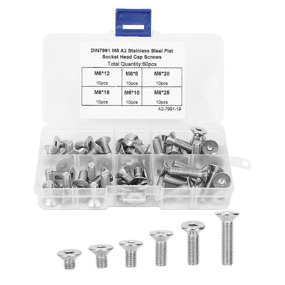 60Pcs Flat Hex Socket Screw Set M6 Stainless Steel Electronics Industry Fasteners