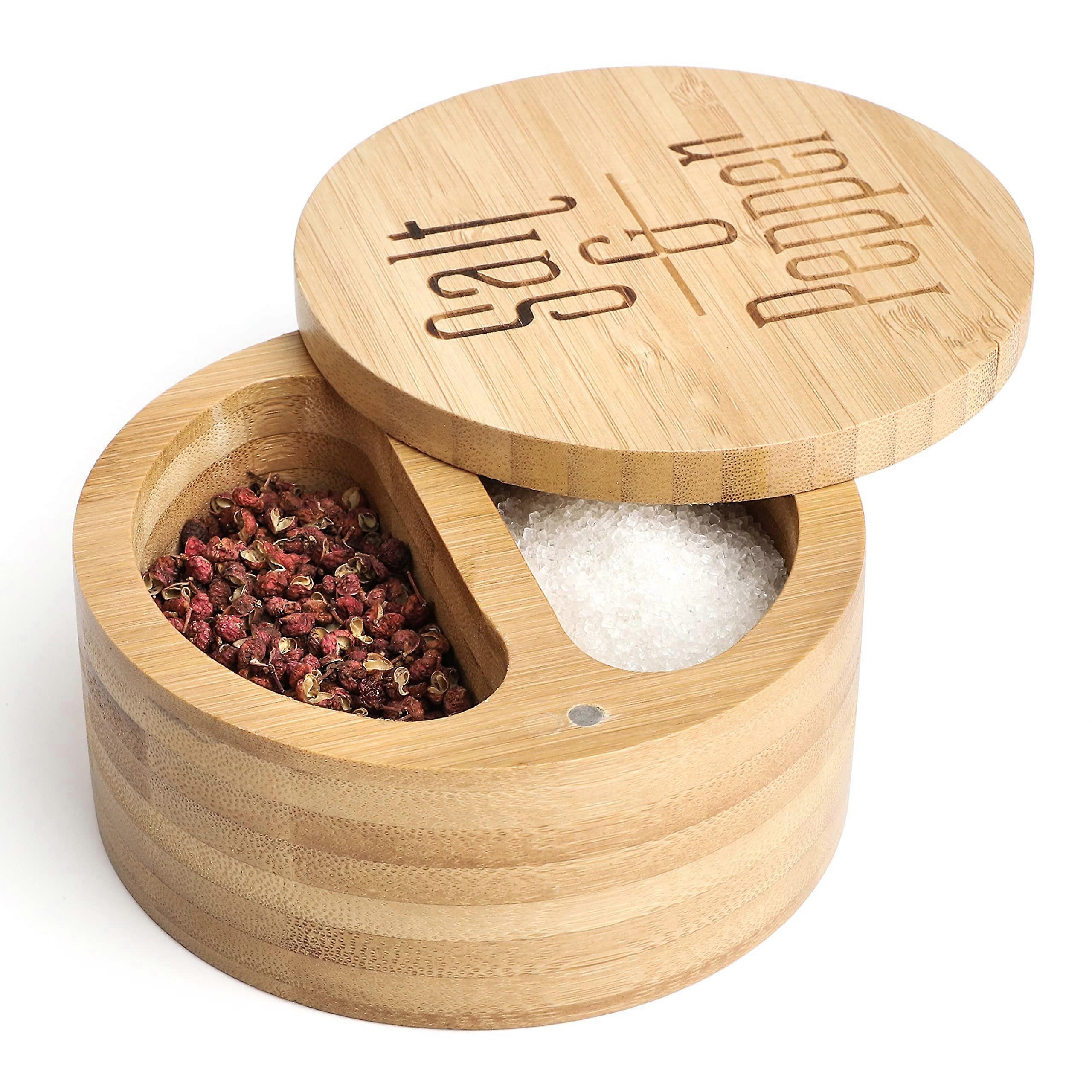 Salt Cellar Bamboo Salt and Pepper Bowls with Magnetic Lid - 2-Compartment Spice Containers for Seasoning and Storage (Style 2)