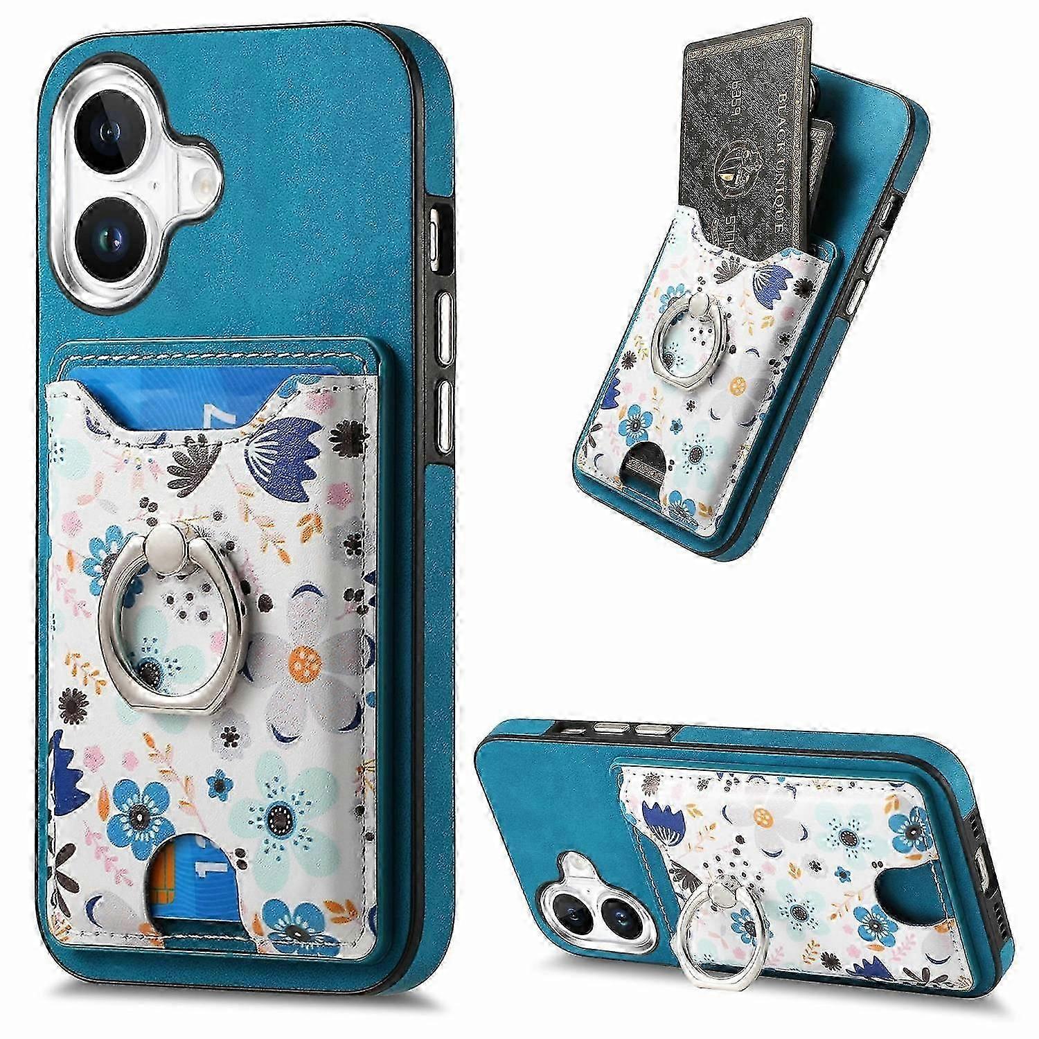 For iPhone 16 Case Kickstand Leather Coated TPU Pattern Back Cover