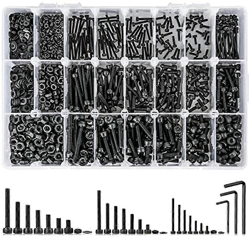 1260PCS Metric Bolt Assortment M2 , 21 Sizes Screws Nuts and Hex Socket Head Cap Machine Kit Black