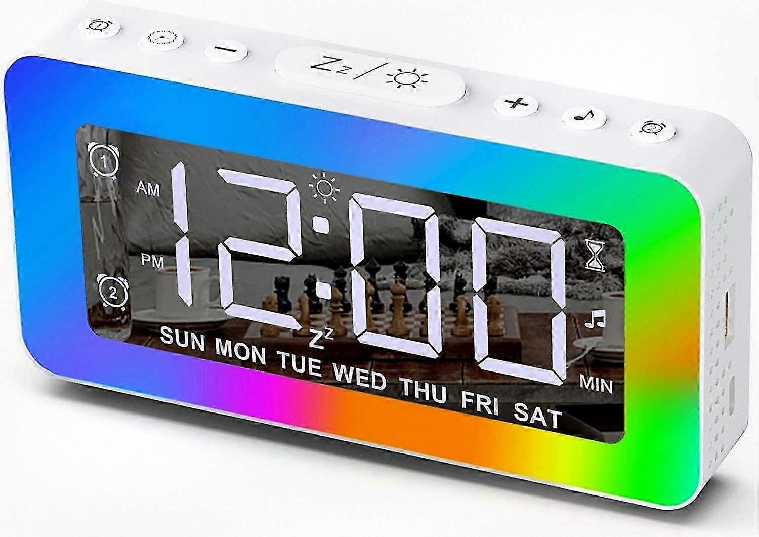 Dual Alarm Clock for Bedrooms with 8 RGB Night Lights, 3 Mode Mirror Display, USB Charging Port, 8 White Noise Options, 7 Wake-Up Sounds, an