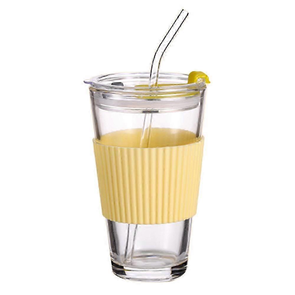 450ml Kaffeetasse mit Deckel & Strohhalm, Getränketasse aus Glas für Tee, Milch, Style2111
