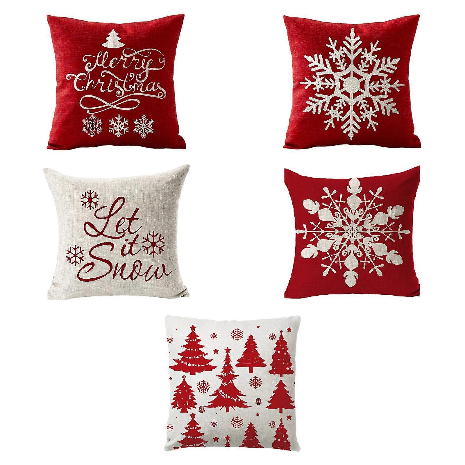 5Pcs Christmas Snowflake Throw Pillow for Case Red White Party Linen Cushion Cov