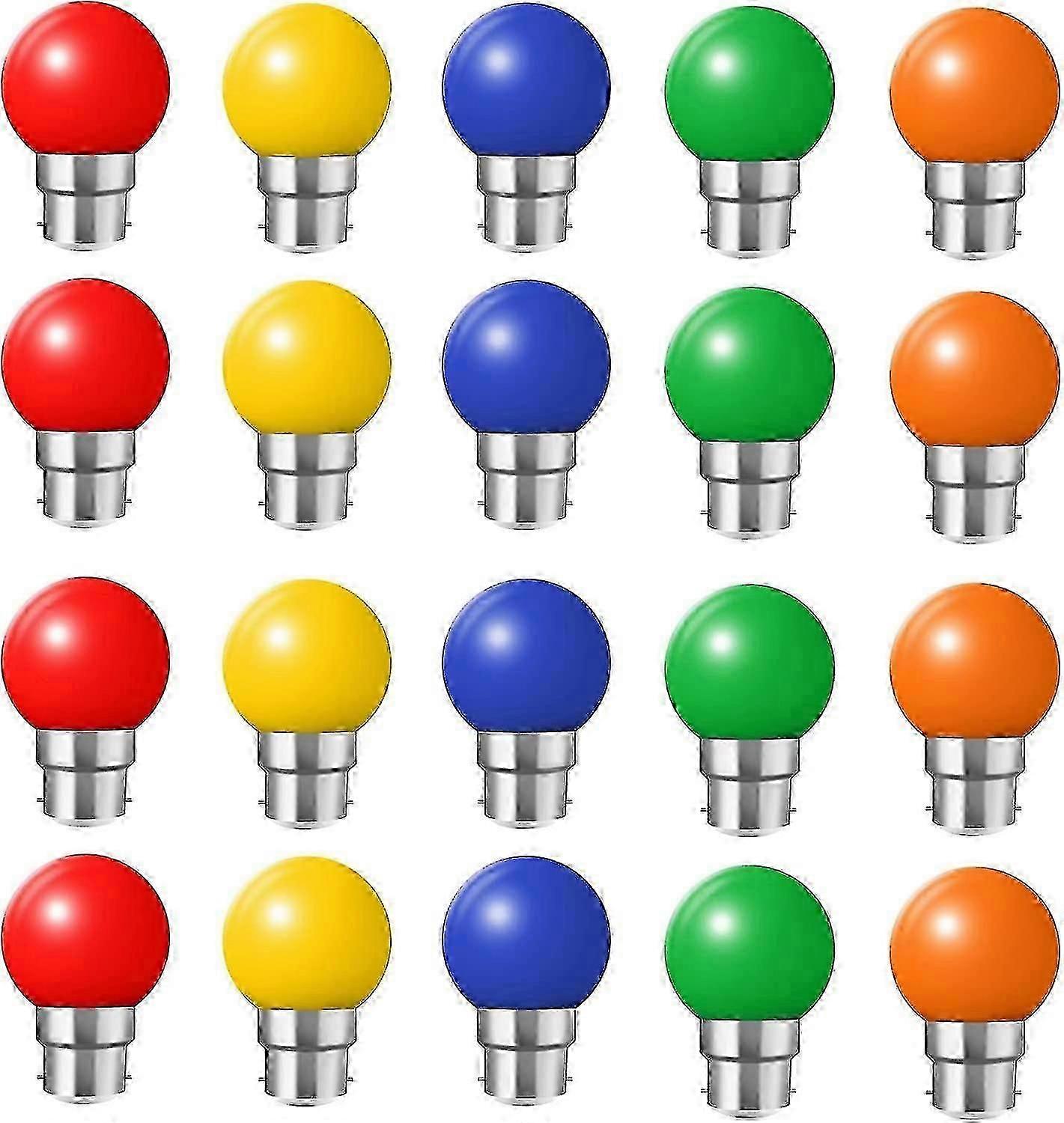 مجموعة من 20 لمبات LED ملونة B22 لمبات حربة 2 واط أحمر ، أصفر ، برتقالي ، أخضر ، أزرق ، غير قابل للكسر (مكافئ 20 واط)
