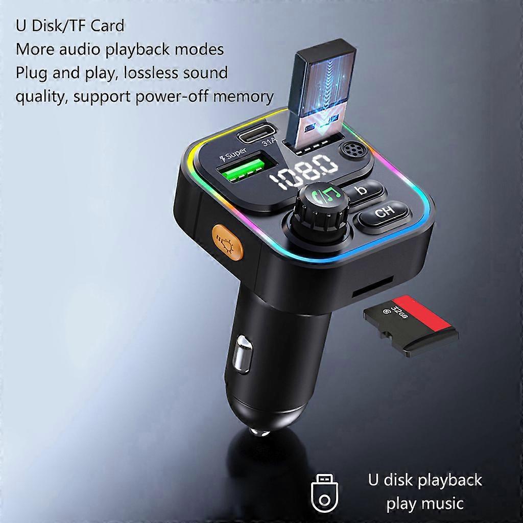 FM Transmitter Car MP3 Player Type-C Power-off Memory Radio Adapter DC12V-24V Car Charger LED Display Fast Charging
