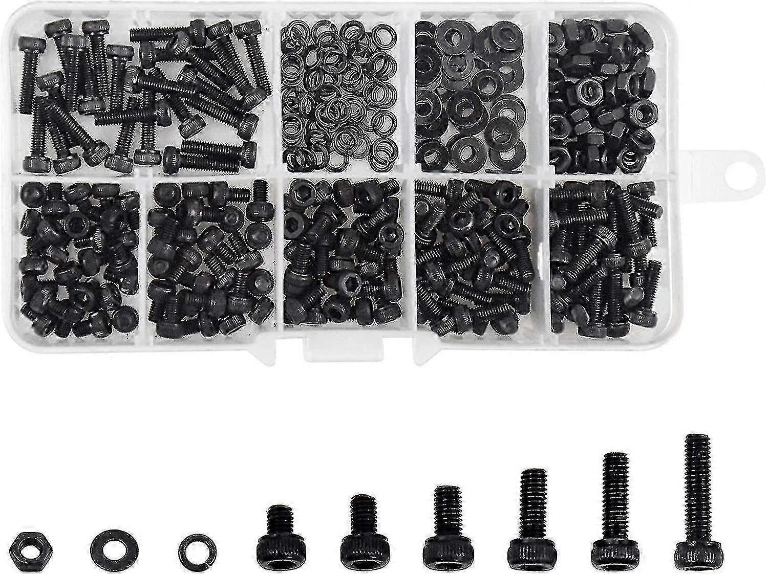 300 Pcs M3 Carbon Steel Alloy Hex Socket Head Cap Screws With M3 Nuts Hex Bolts Socket Washers, Black, Assorted Sizes 4/5/6/8/10/12mm