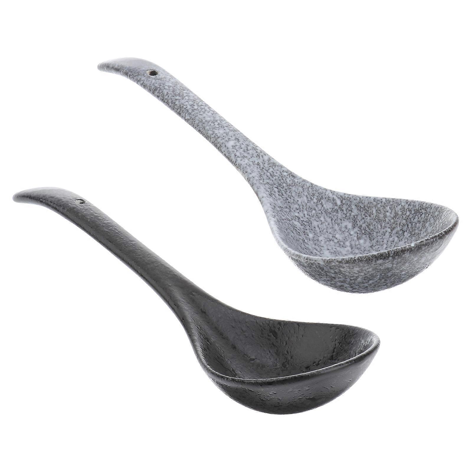 Ceramic Soup Spoons For Drinking Soup Simple Design Black 2Pcs