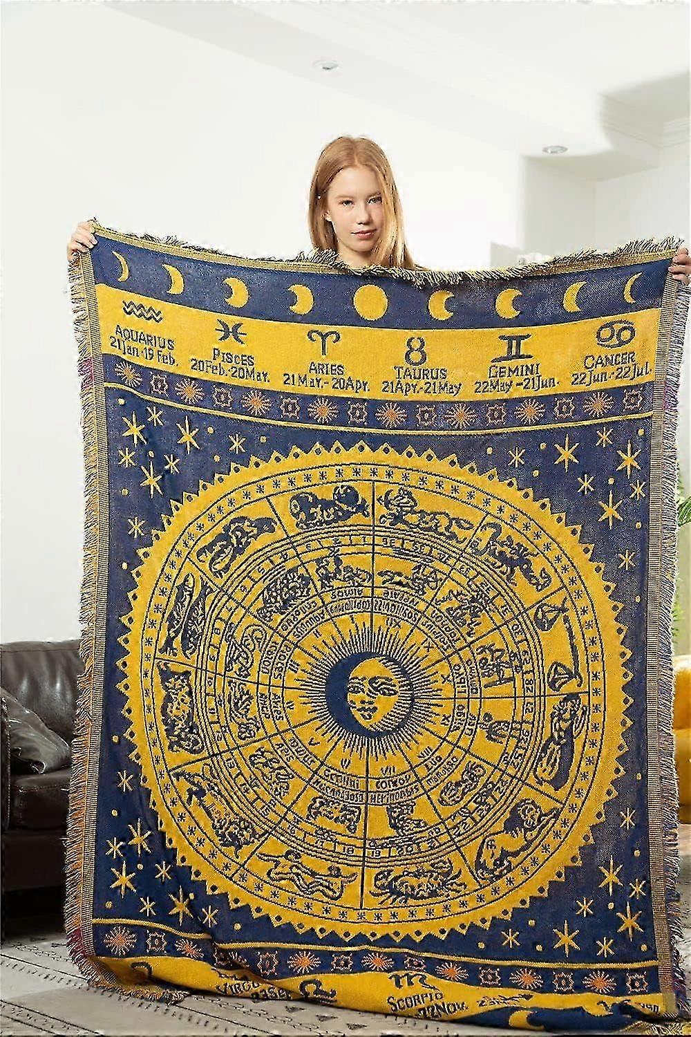 Couverture tissée en coton réversible Bohème - jaune 51 « x71 » Astrologie Sorcière Zodiaque Constellation Céleste Tapis