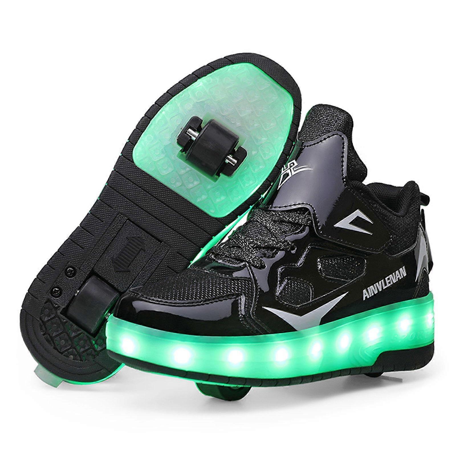 Flashing LED Skating Shoes for Children, Roller Skates for Boys and Girls, Luminous Shoes with USB Charging Function, Black31 EU