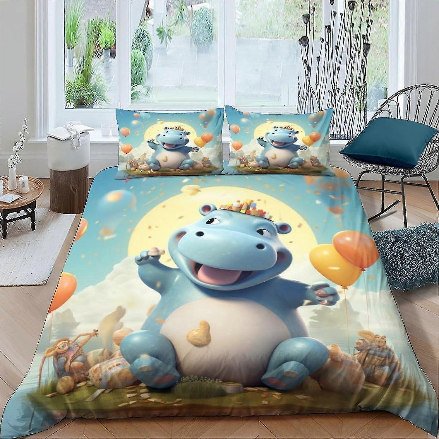 Capa de edredom de hipopótamo de desenho animado Capa de edredom de microfibra macia Conjunto de decoração de cama Qualidade de hotel com fechamento de zíper duplo