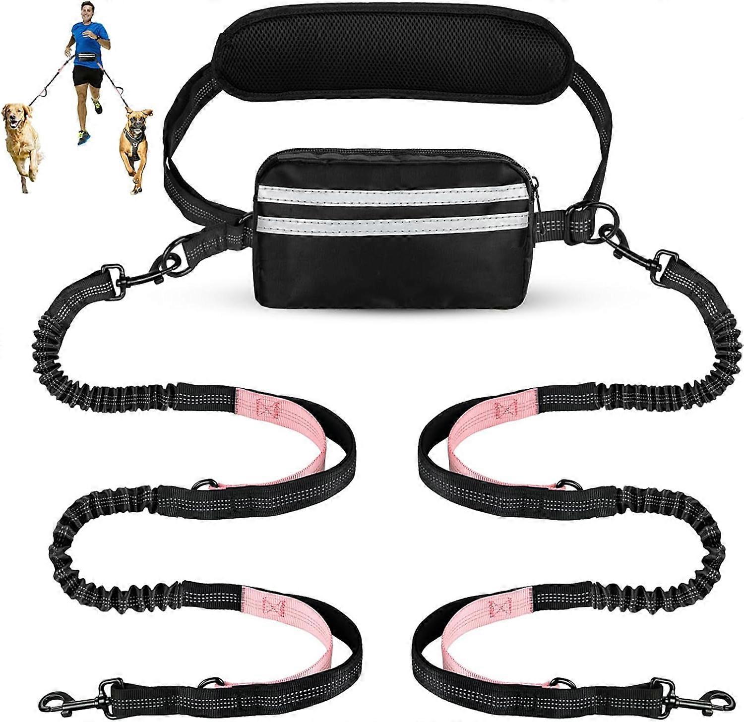 Hands-Free Dog Leash with Pouch - Double Retractable Bungee Leash for Two Dogs, Adjustable Waist Belt with Dual Padded Handles, Reflective Design for 