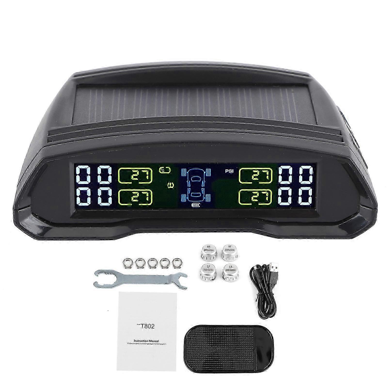 TPMS Wireless Tire Pressure Monitor Detector with 4 Sensors USB + Solar Panel Charging