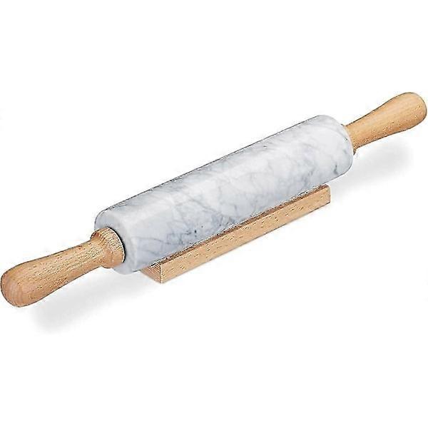 Marble Rolling Pin for Baking with Wooden Stand 45 X 6 X 6 Centimeter Easy to Clean Durable Stain Resistant Non-Stick White
