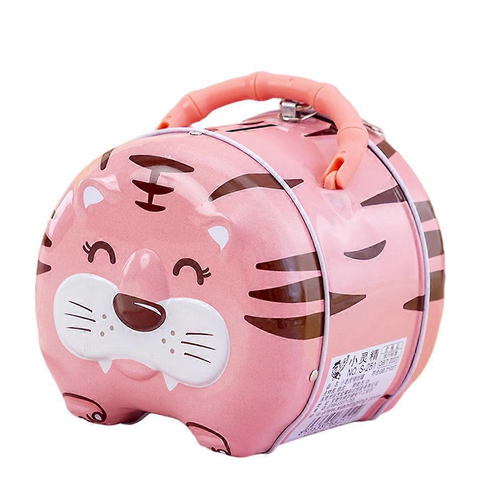 Pink Tiger Shaped Coin Bank Made of Tinplate for Kids to Develop Saving Habits on Table 4.5 x 3.1 x 5.1 inches