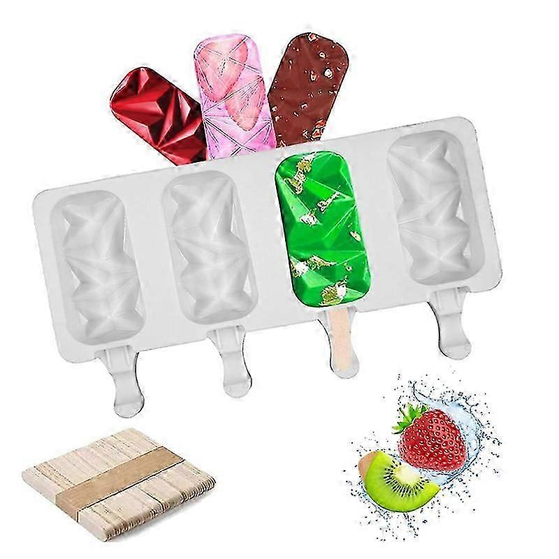 Silicone Ice Cream Mold,DIY Reusable Silicone Ice Cream Mold Ice Lolly Mold 4 Cell Ice Cream Molds Ideal,with 50pcs Wooden Sticks