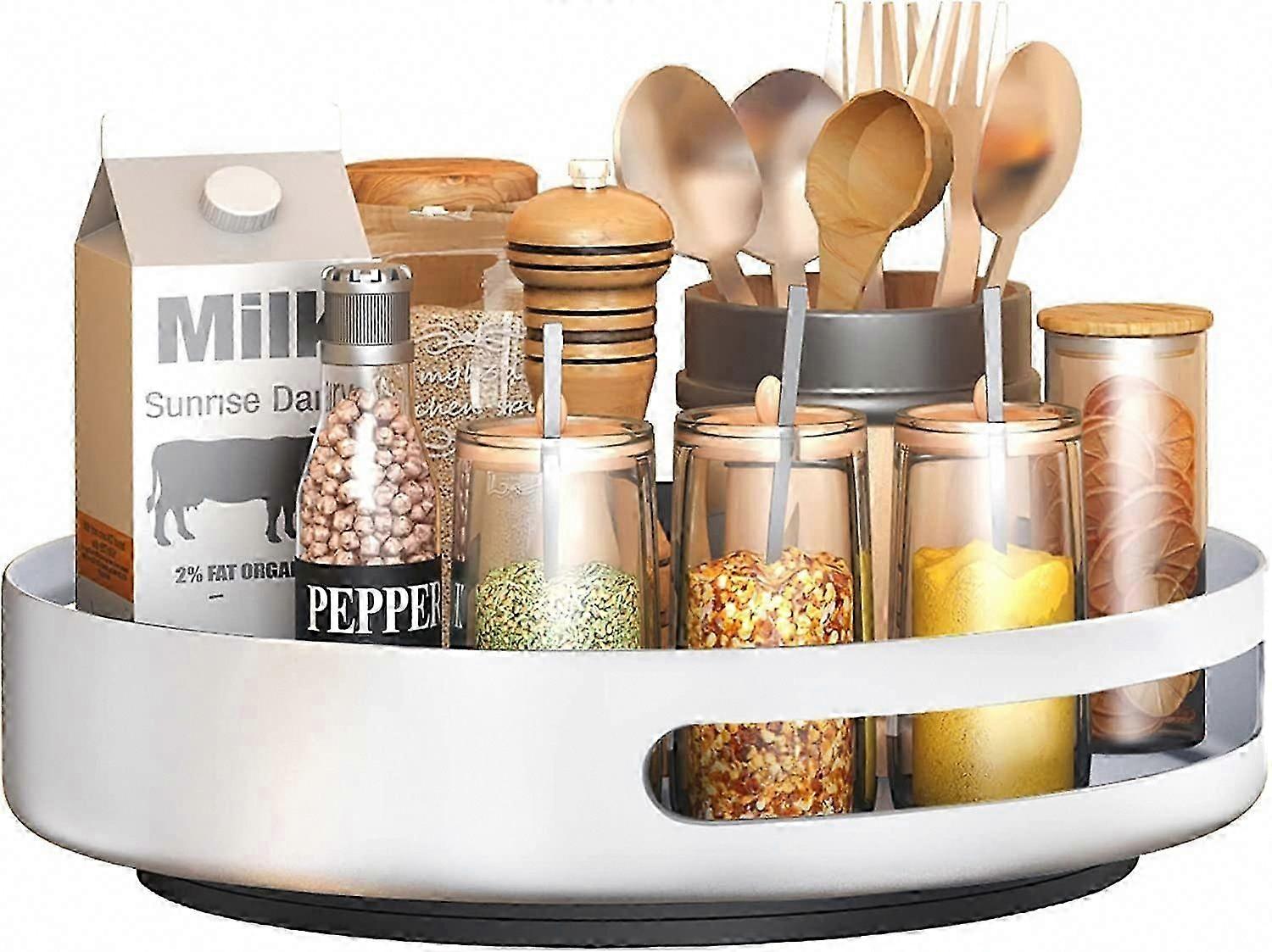 صينية دوارة، رف توابل دوار معدني من الصلب، رف توابل دوار للمطبخ لتخزين توابل المطبخ، تخزين خزانة، 25.4 سم، أبيض
