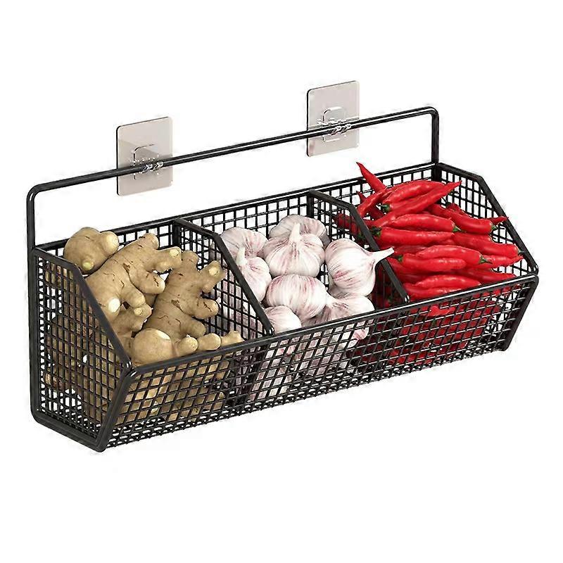 Space-saving wall rack for ginger  garlic and onion in the pantry Vegetable organizer for the kitchen | Potato basket with 3 compartments