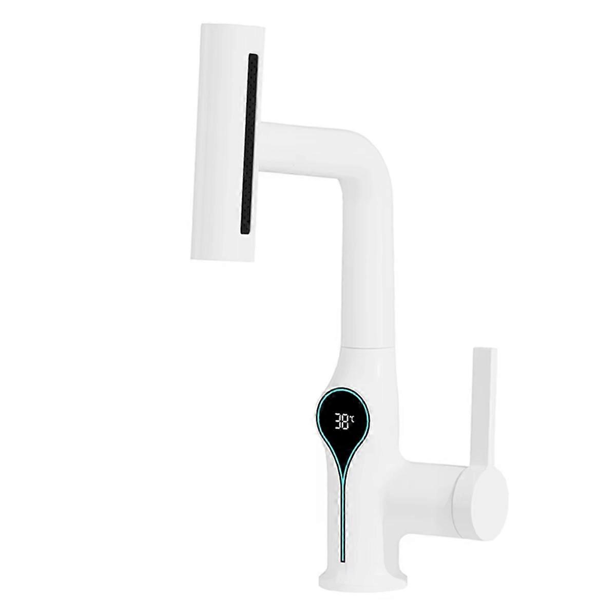 Waterfall Temperature Digital Display Basin Faucet Lift Up Down Stream Hot Cold Water Sink Mixer Tap for Bathroom White
