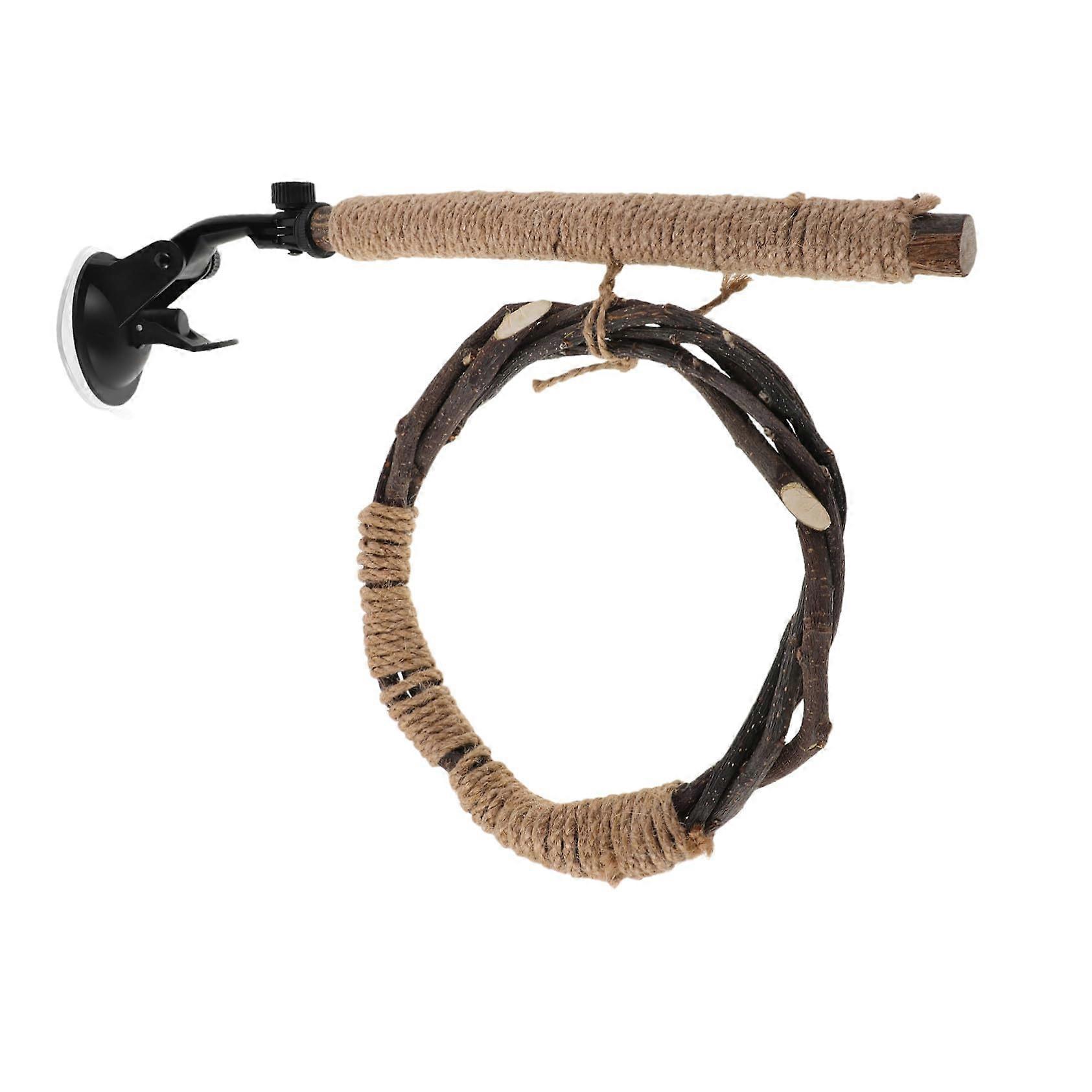 Natural Wood Bird Perch Stand With Strong Suction Cup Window Mount Spacious Jute Rope Climb For Small To Large Parrots