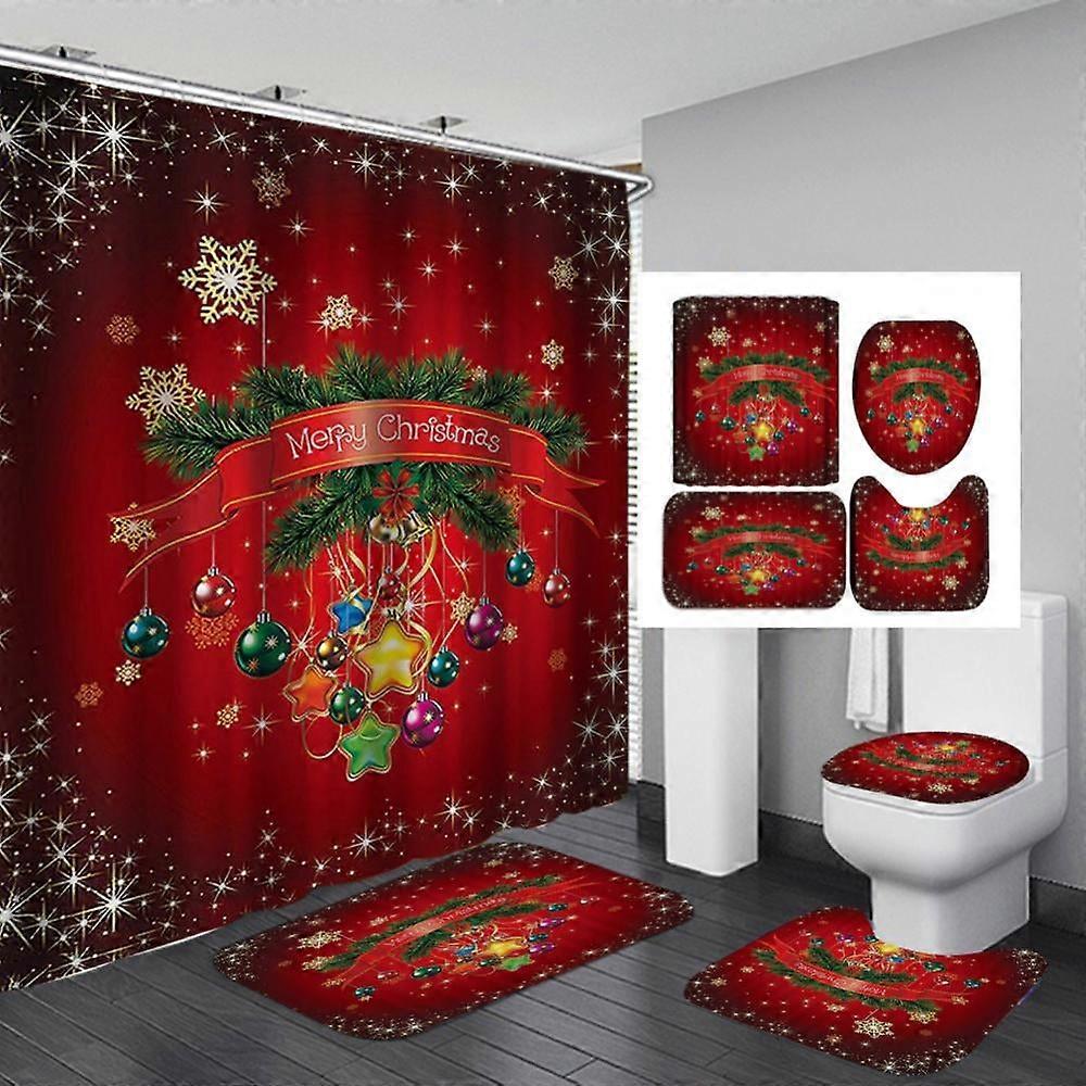 4 Pcs Merry Christmas Shower Curtain Set with Non-Slip Rugs, Bath Mat, Toilet Cover & 12 Hooks, Xmas Tree Ball Snowflake Red Design