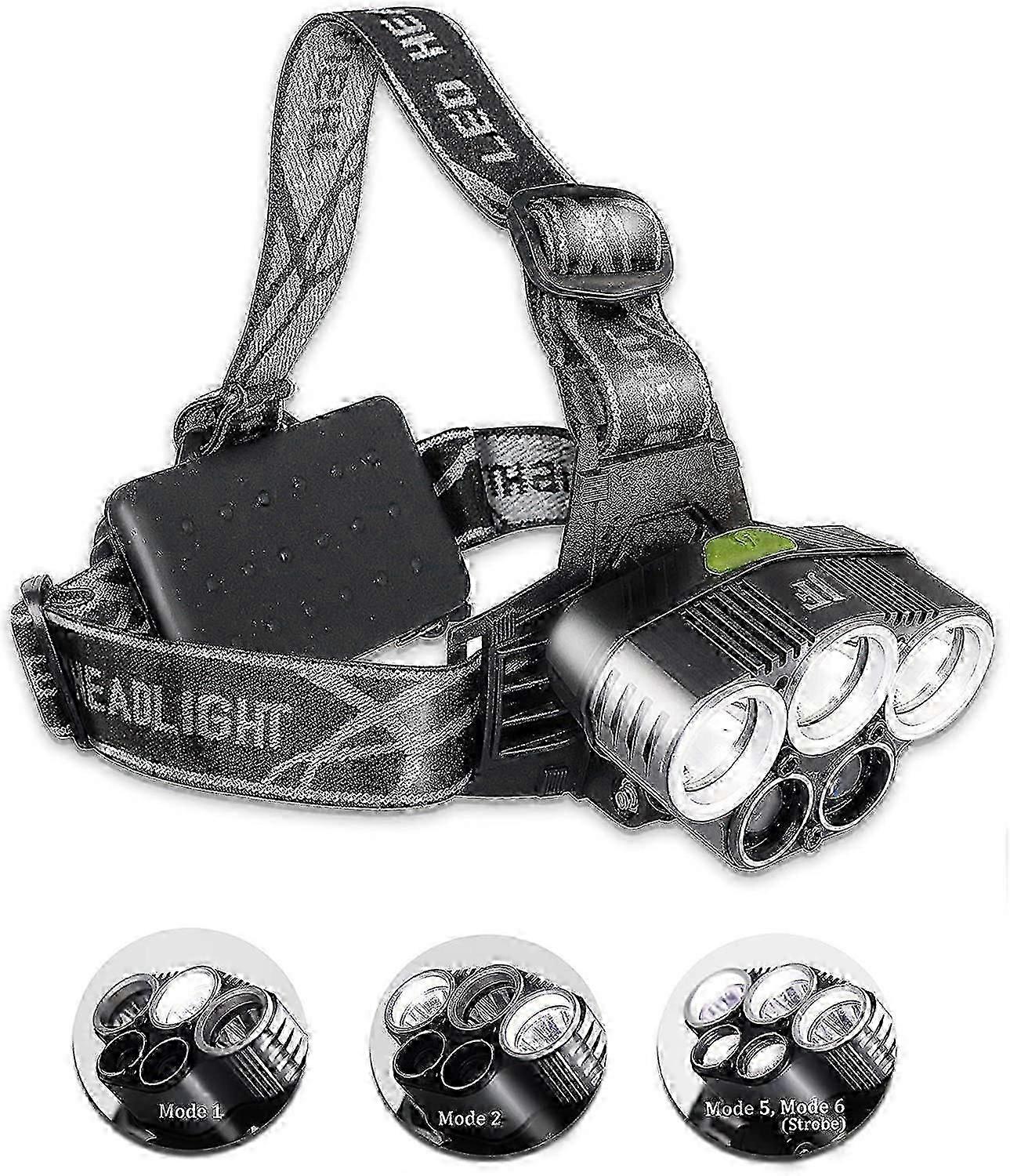 USB Water-repellent 5 LEDs+6 Modes Headlamp-15000 LUMEN-Range 200-500m