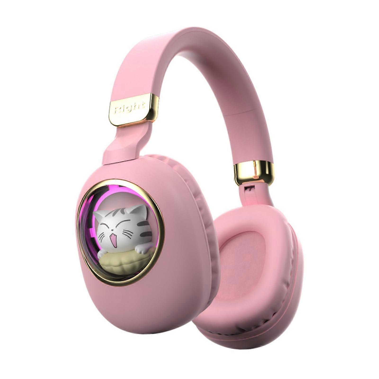 Cartoon Cat Wireless Headphones Foldable, Ambient Lights, Bluetooth 5.3, PC/Laptop/Tablet/Phone Compatible, Pink