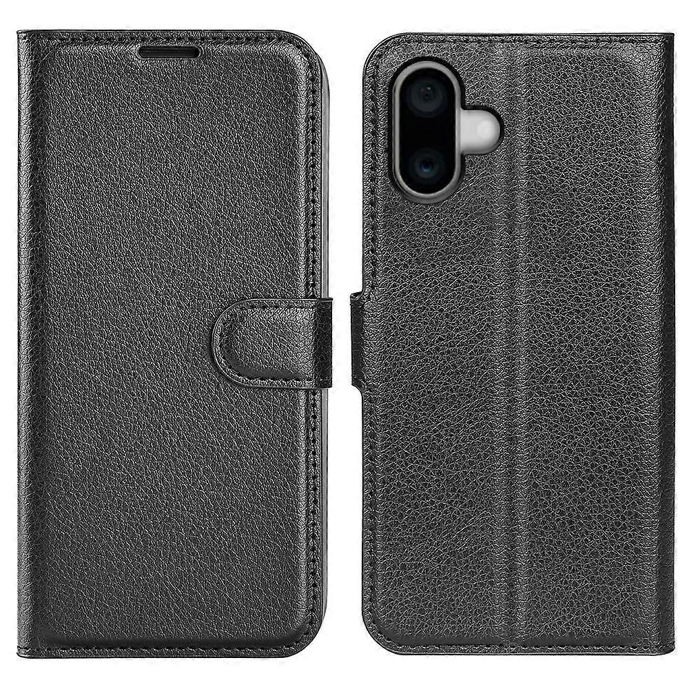 Plånboksfodral för iPhone 16 Plus, stötsäkert läder med fällbart stativ och litchitextur