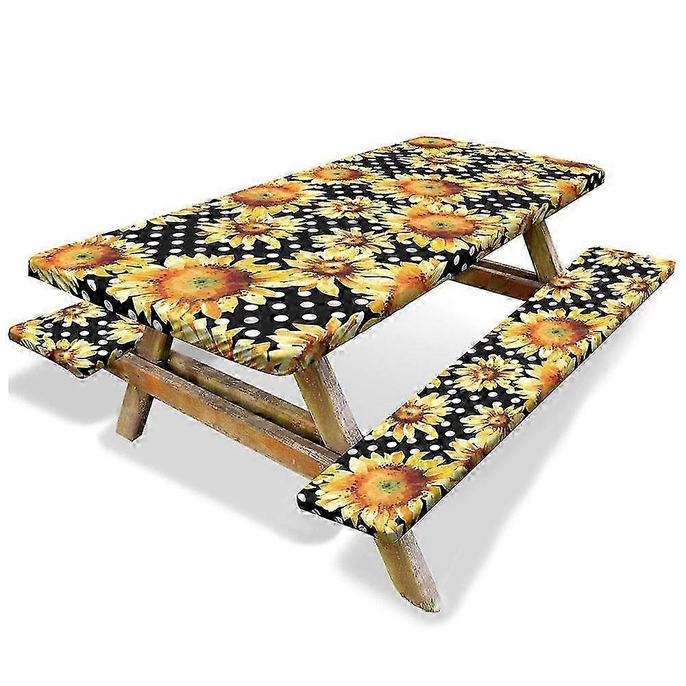2025 Sunflower Pattern 3pcs Picnic Table & Bench Cover Set Windproof Elastic Outdoor