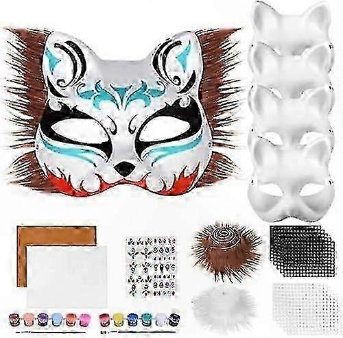 Furry Cat Mask with Net Eyes for DIY Crafting, White Paper Mask for Halloween and Mardi Gras Parties