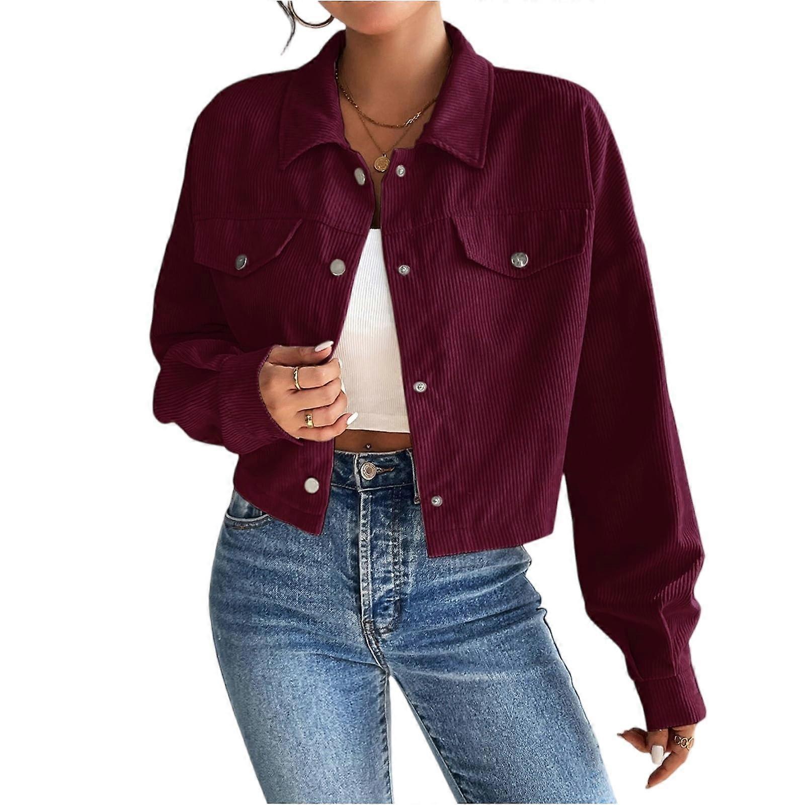 Women's Corduroy Autumn and Winter Button Long Sleeve Jacket  Burgundy XL