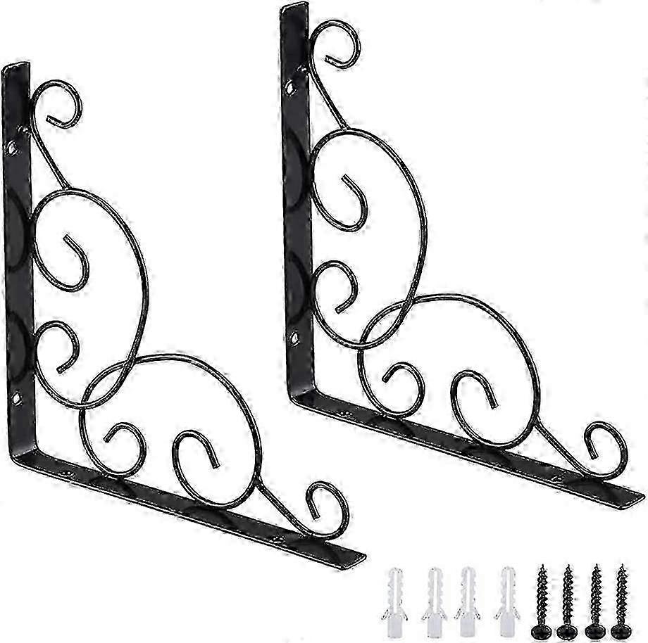 Wrought Iron Shelf Bracket,2pcs Garden Shelf Brackets,Shelf Support Bracket(Black)