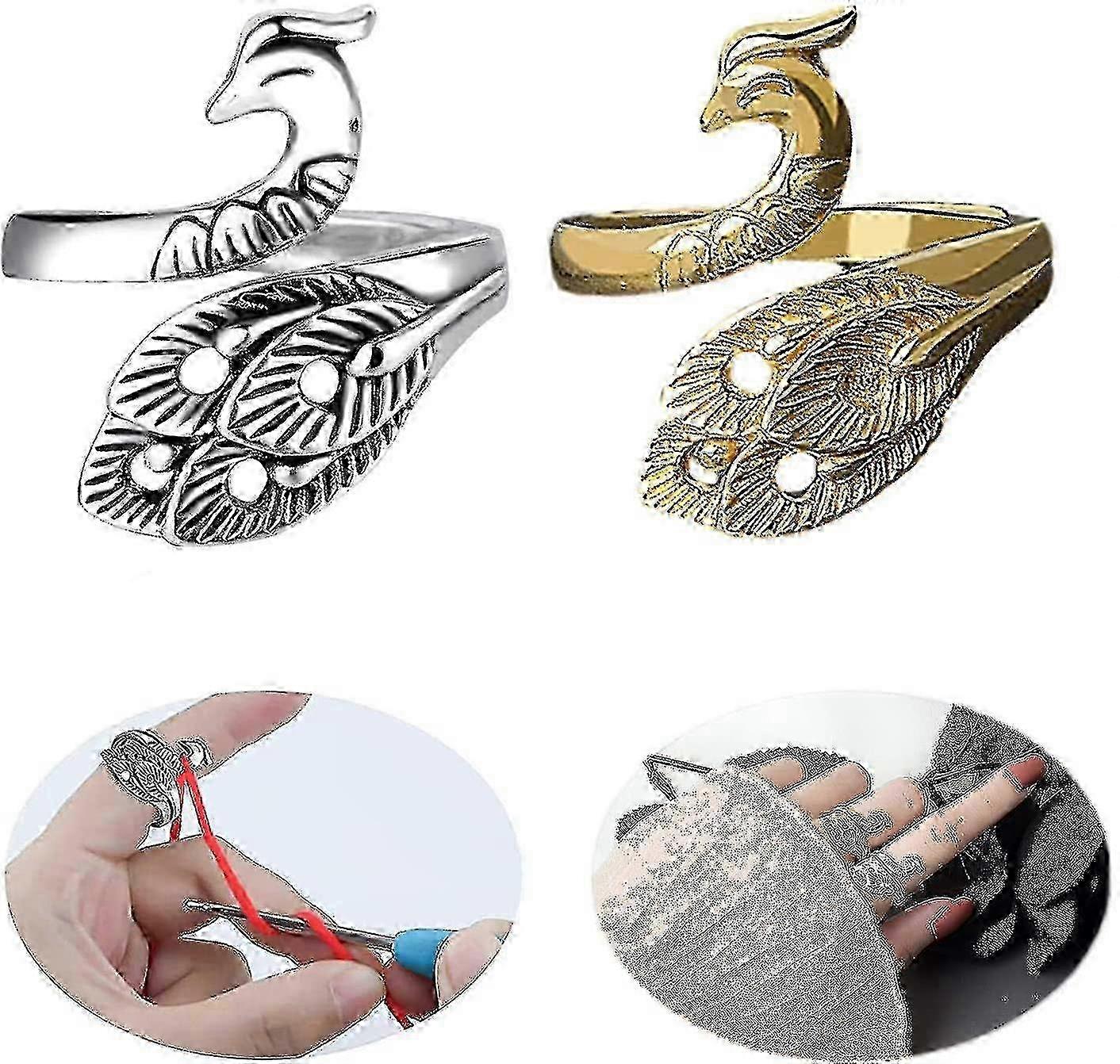 2 Pieces Adjustable Knitting Loop Knitting Hook Loop, Peacock Shape Open Finger Metal Ring, Yarn Guide Knitting Finger Holder Knitting Thimble Fo