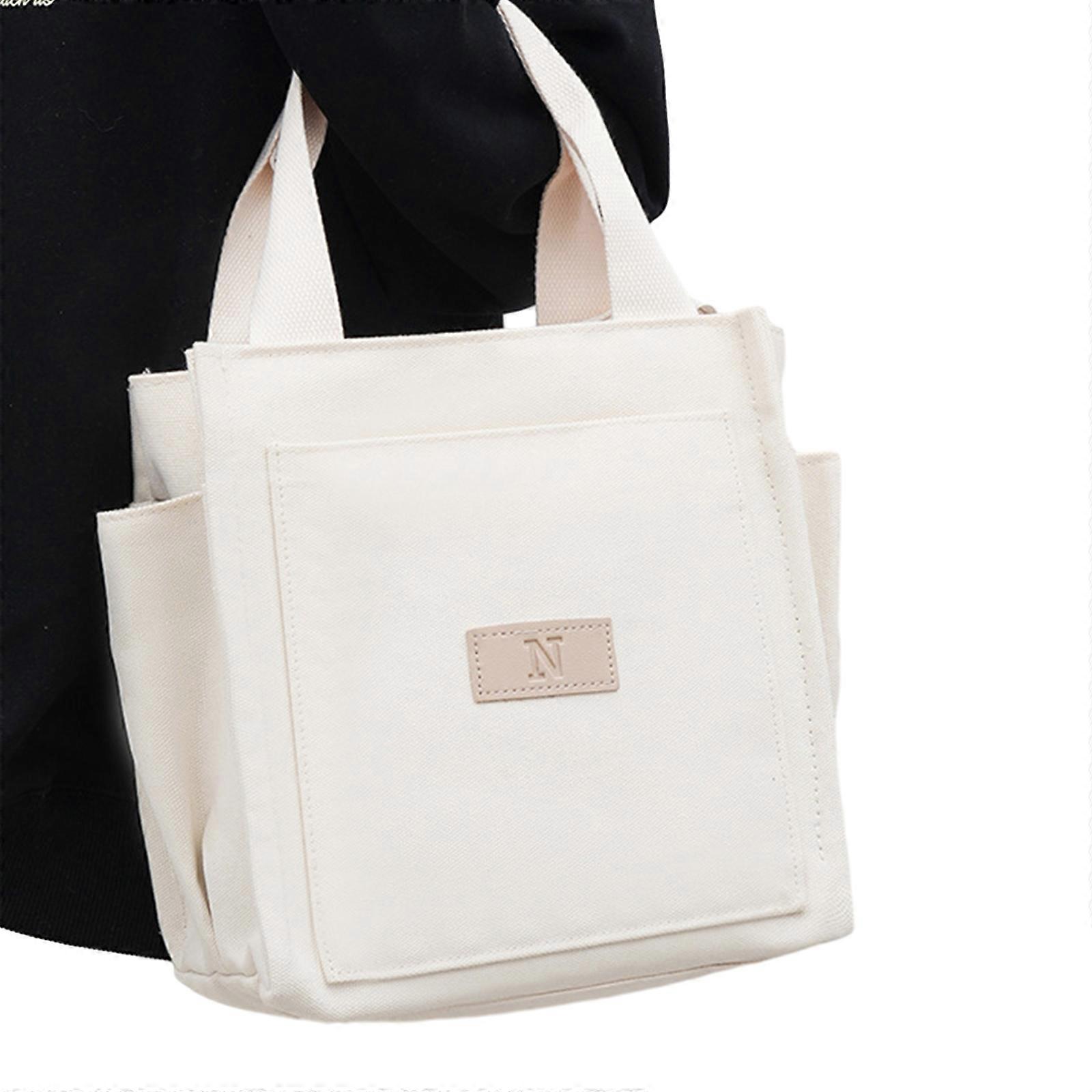 Stylish Multi Pocket Canvas Tote Bag Durable and Versatile for Students Office Workers and Travel Enthusiasts  White