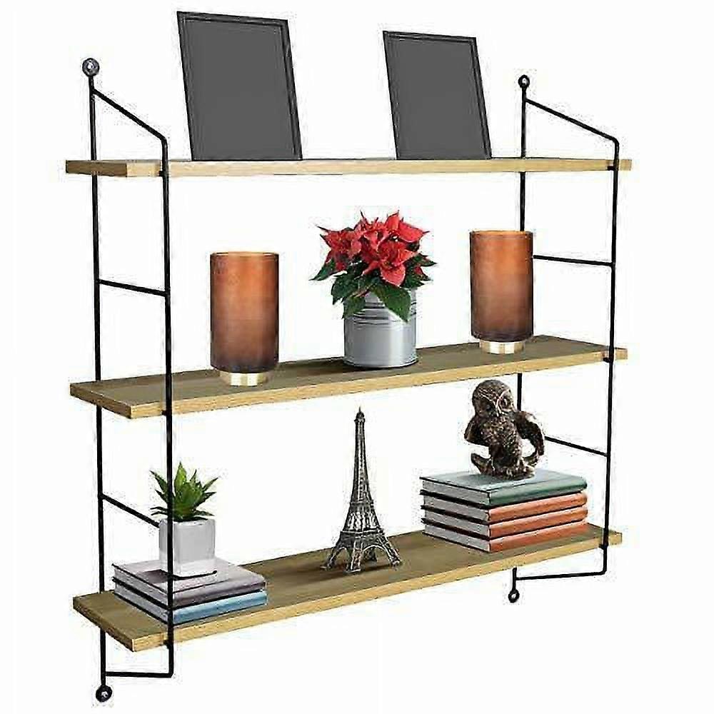 3-Tier Floating Shelf w/ Metal Bracket - Wall Mounted Rustic Wood Storage