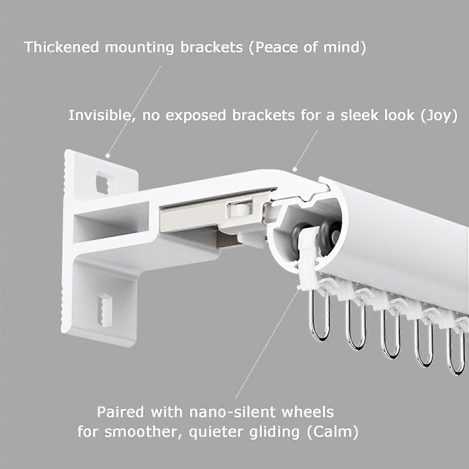Curtain Track System with Silent Glide, HeavyDuty Aluminum Rail, 2 in 1 Wall Mount, 2.6m