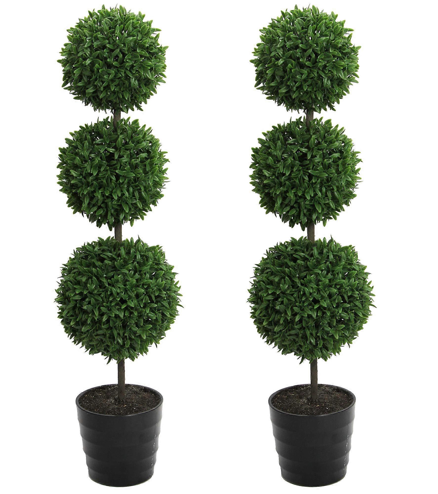 Set of 2 24 Inch Artificial Boxwood Topiary Trees with Planters, 3 Ball Lifelike UVResistant Decor