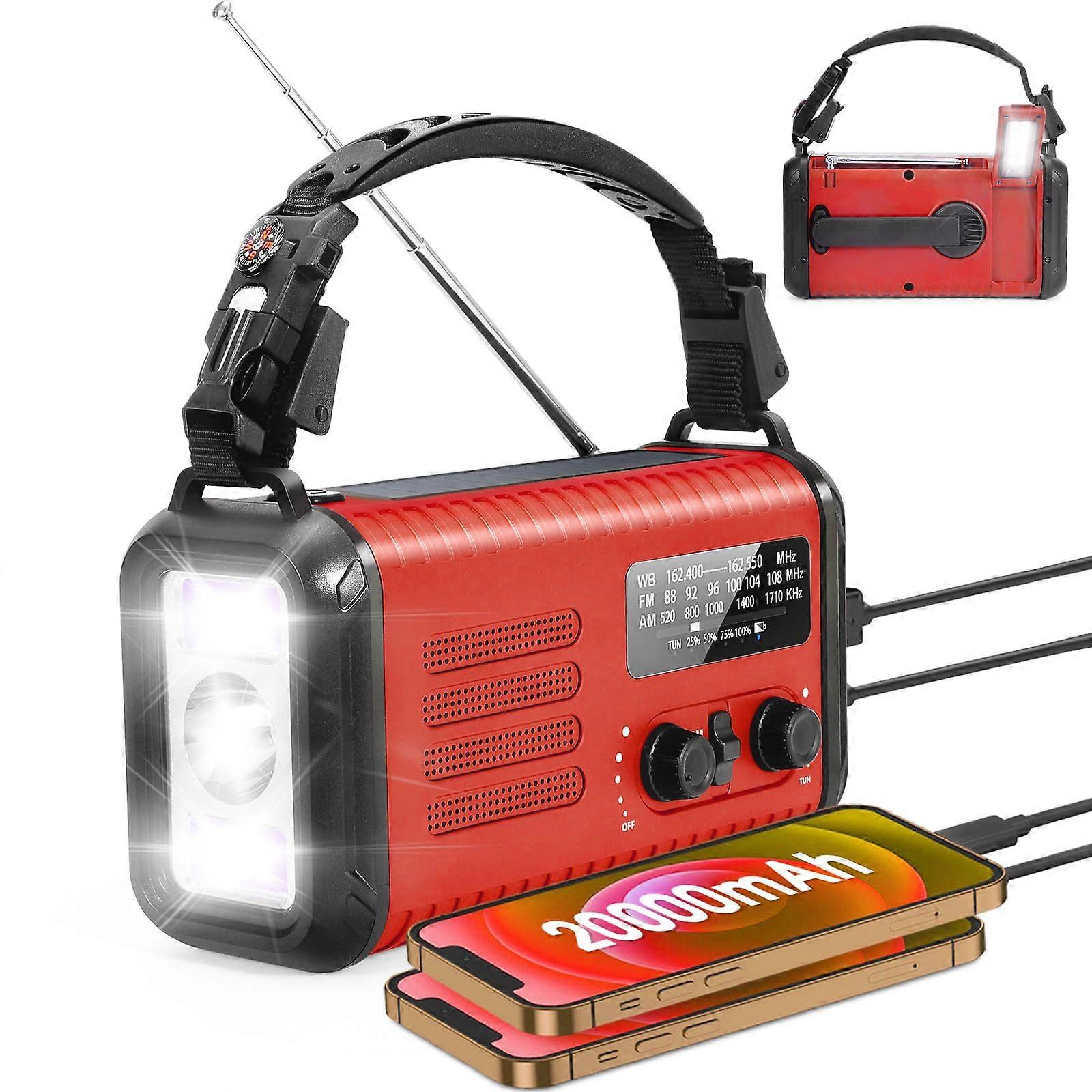20000mAh Emergency Solar Radio NOAA Weather Alert with Hand Crank Power Bank LED Flashlight SOS Alarm Red